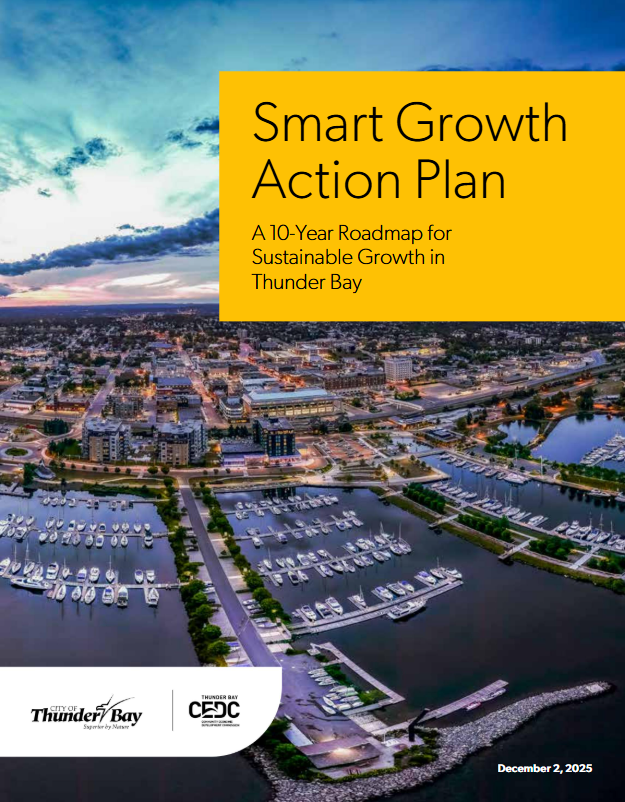 SGAP Cover Cover of the Smart Growth Action Plan - aerial view of the city with text.