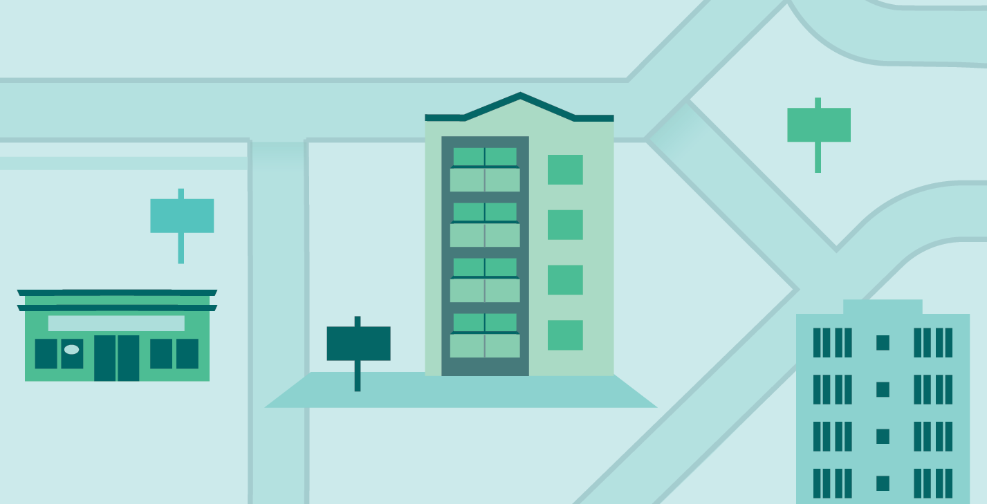 Graphic of buildings illustrrating a dense neighbourhood
