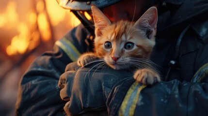 Brave fireman rescued redhead cat from fire. Firefighter hero save orange pet. Terrible emergency. Dangerous profession. Heroic flame fighter extinguish burning house. Courageous rescuer saving life.