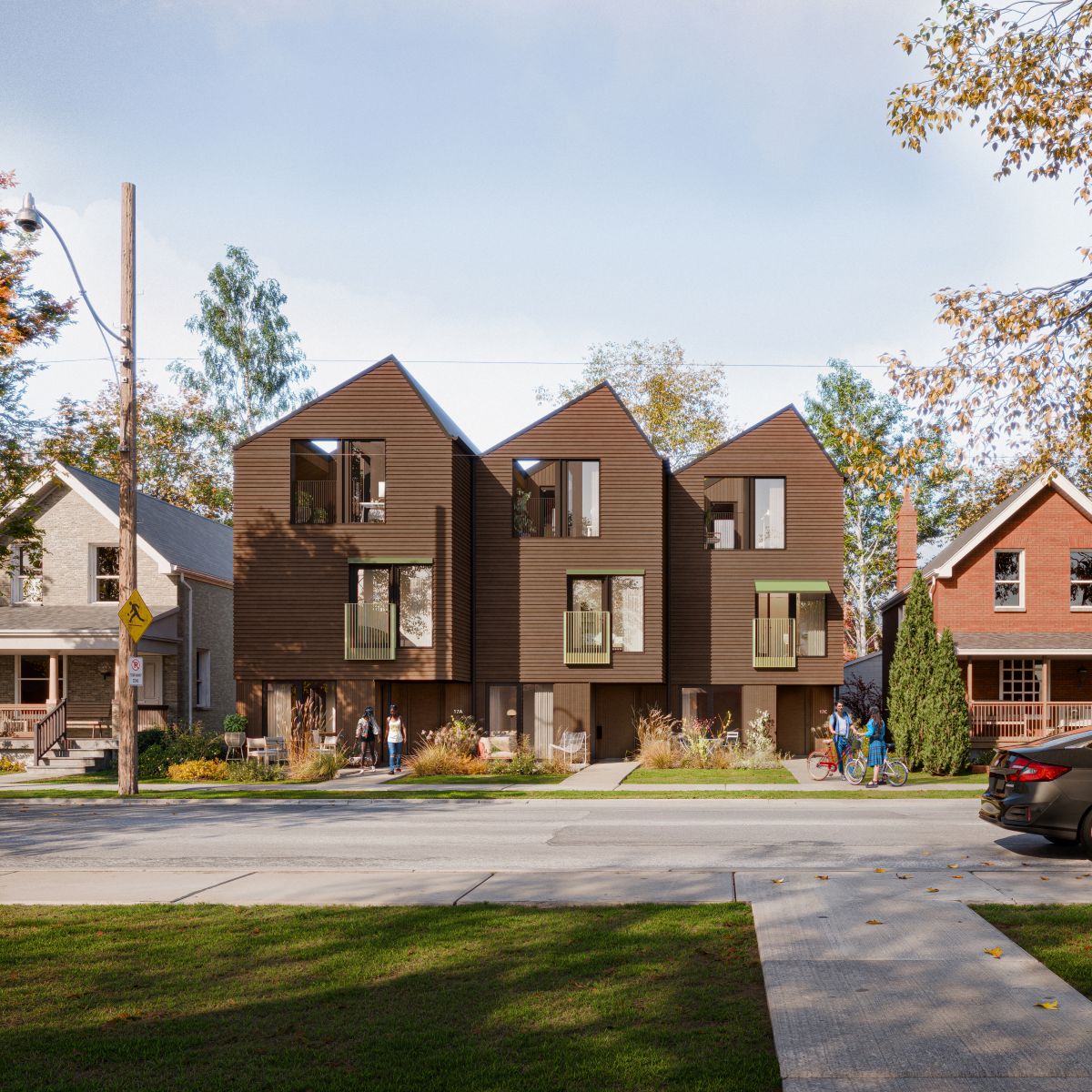 A row of stacked townhouses