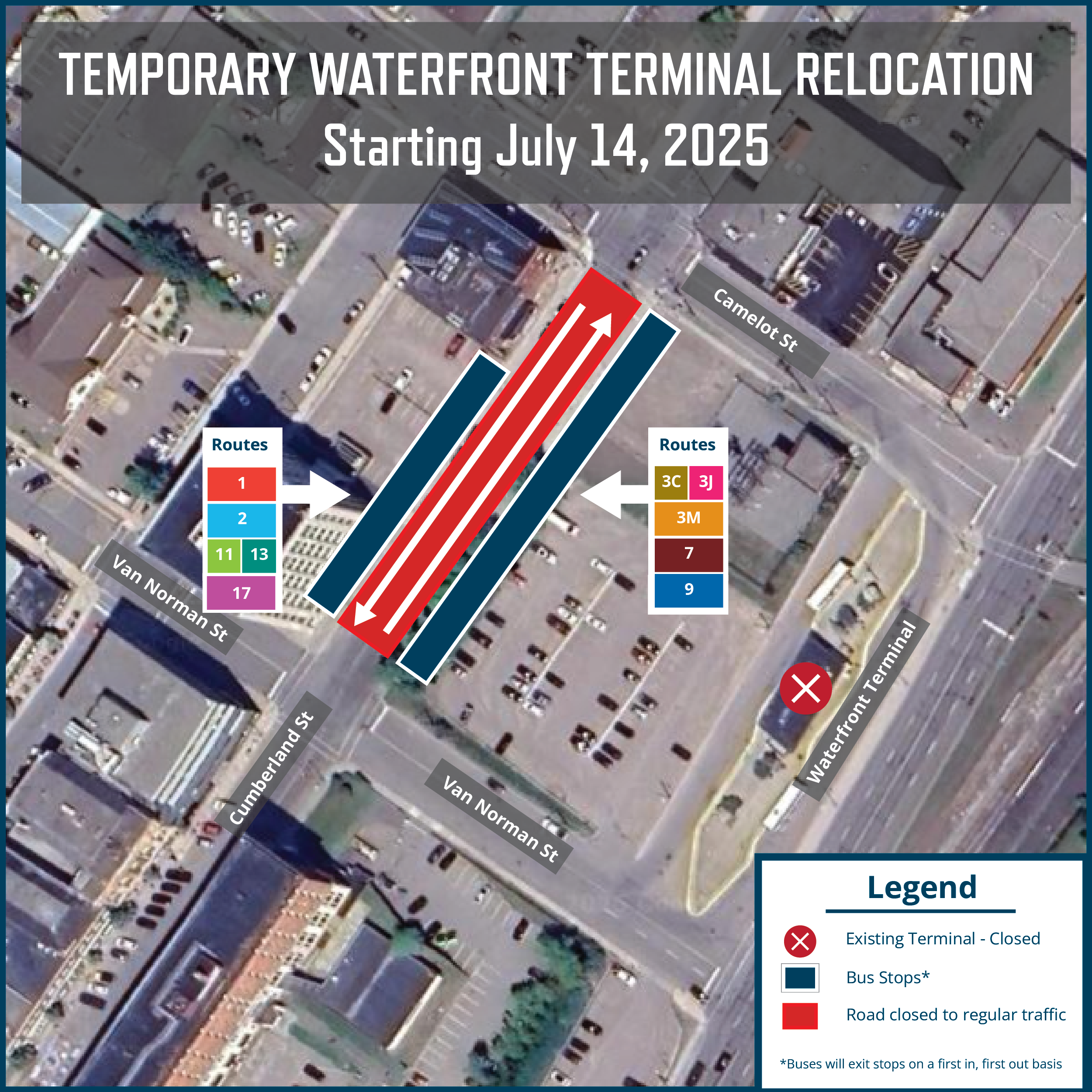 Map showing the temporary relocation of the Waterfront Terminal in Thunder Bay, starting July 14, 2025. The existing terminal is marked closed. Bus stops are relocated to Cumberland Street North between Van Norman and Camelot streets. The road is closed to regular traffic. Colored boxes indicate bus route groupings, with arrows showing bus movement direction. A legend explains icons and symbols.