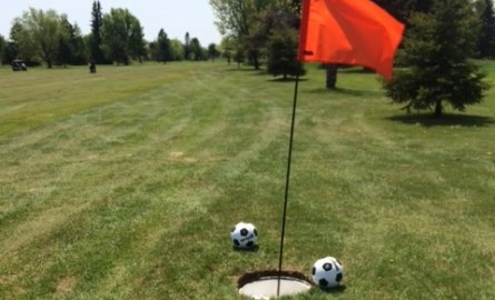 soccer balls beside hole with flag